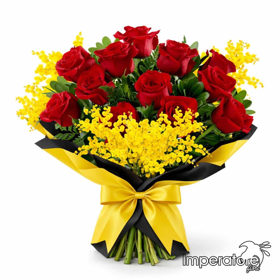 Bouquet moderno con rose rosse e mimosa